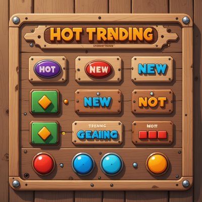 A cartoon-style wooden game menu board with 'Hot', 'Trending', 'Classic', and 'New' buttons.