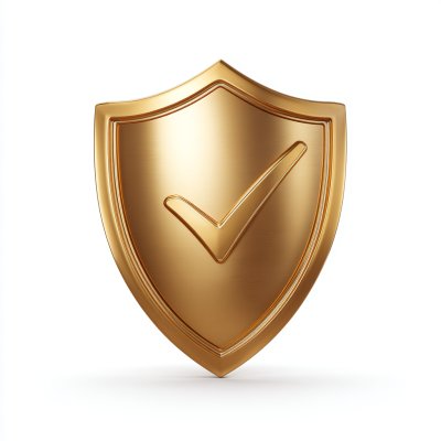 A shiny, metallic gold shield icon with a friendly checkmark in the center, symbolizing safety and security.