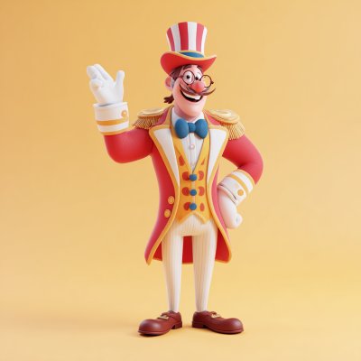 A friendly cartoon circus ringmaster character.