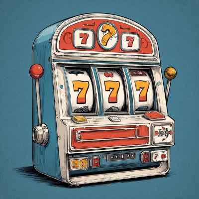 A cartoon illustration of a classic slot machine with triple 7s showing.